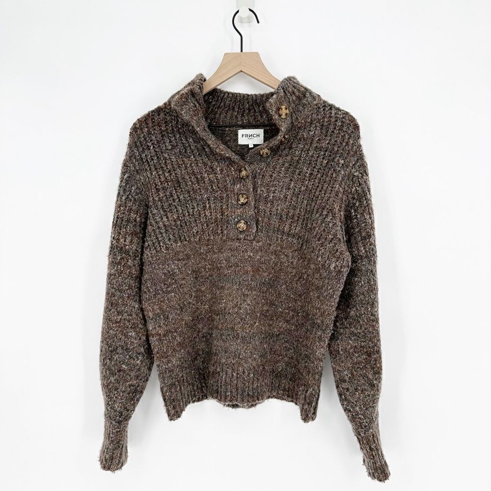 FRNCH PARIS Ribbed Henley Collar Sweater Striped Melange Brown Women's M